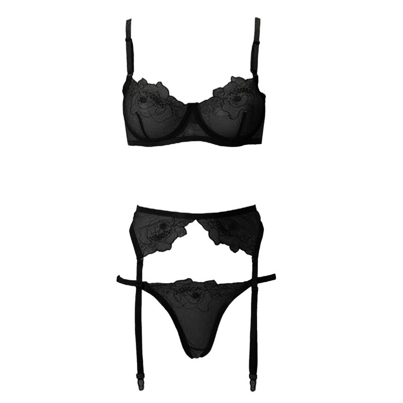 Set de lenjerie cu broderie florală pentru femei sexy, sutien push-up subțire, jartiere, costum tanga, set de 3 piese, set de lenjerie intima transparentă lencería