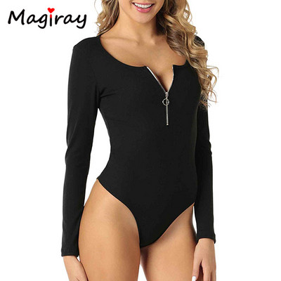 Body cu mânecă lungă cu fermoar Topuri pentru femei 2020, nou, sexy, bodycon, skinny, cu decolteu deschis, costum de corp, ținute cu nervuri pentru femei, alb