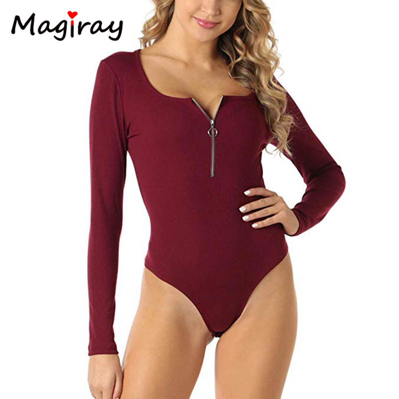 Body cu mânecă lungă cu fermoar Topuri pentru femei 2020, nou, sexy, bodycon, skinny, cu decolteu deschis, costum de corp, ținute cu nervuri pentru femei, alb