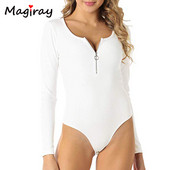 Body cu mânecă lungă, alb, negru, cu fermoar, pentru femei, 2020