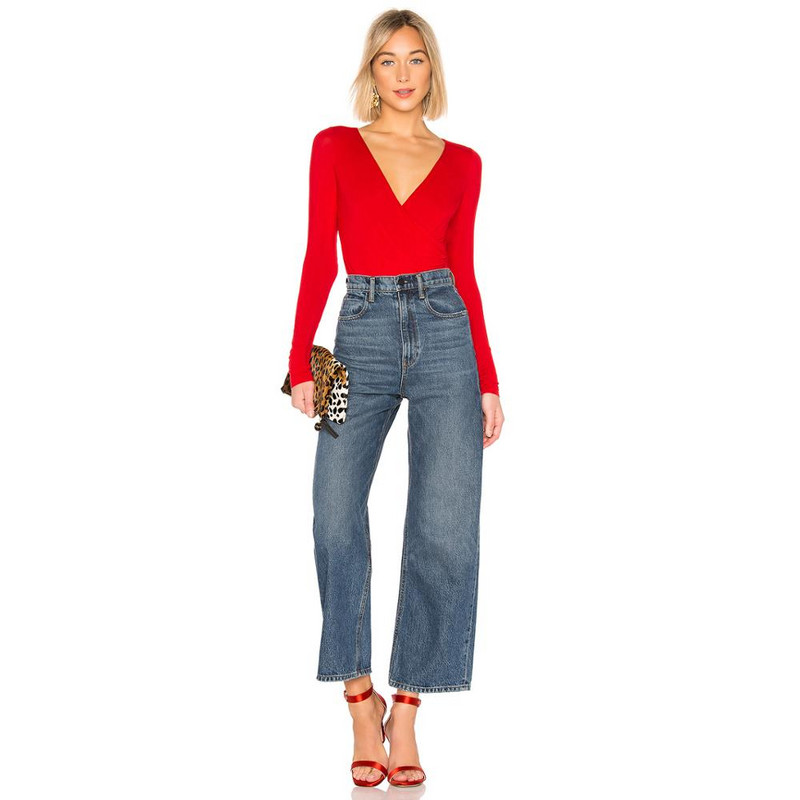 Bodycon γυναικεία στρινγκ φόρμα Surplice με μακρυμάνικο μπλουζάκι με βαθύ V λαιμόκοψη 2020 σέξι ολόσωμες φόρμες Λευκό κόκκινο μαύρο καλοκαιρινό κορμάκι