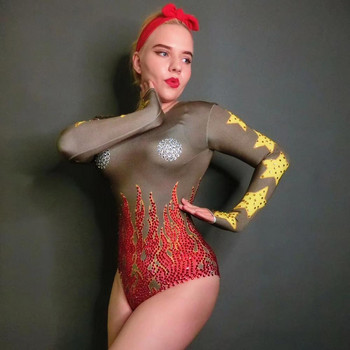 Секси пламък със страз боди Дамско еластично трико без гръб Нощен клуб Ds Dance Performance Costumes Акробатично сценично облекло