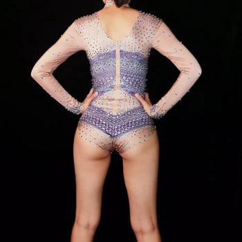 Christia Bella New Sexy Crystal Bodysuit Дамско трико с дълъг ръкав Нощен клуб Сценични костюми за танци на пилон