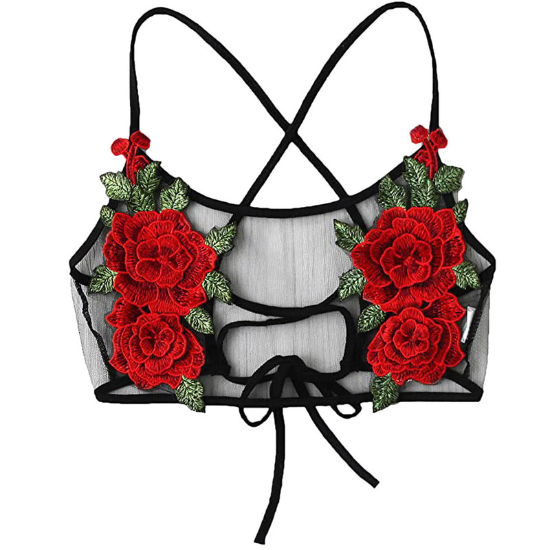 Topuri crop noi pentru femei, broderie, trandafir, sutien din plasă moale, bralette, sutien, bustieră, sexy, negru, sutien activ, vintage, de modă
