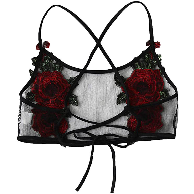 Topuri crop noi pentru femei, broderie, trandafir, sutien din plasă moale, bralette, sutien, bustieră, sexy, negru, sutien activ, vintage, de modă