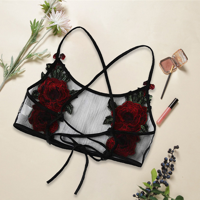 Topuri crop noi pentru femei, broderie, trandafir, sutien din plasă moale, bralette, sutien, bustieră, sexy, negru, sutien activ, vintage, de modă