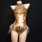 Sexy See Through Rhinestone Dans latino Bodysuits Backless Feather Pole Dance Bodysuits Nightclub Celebrare DJ Costume de scena