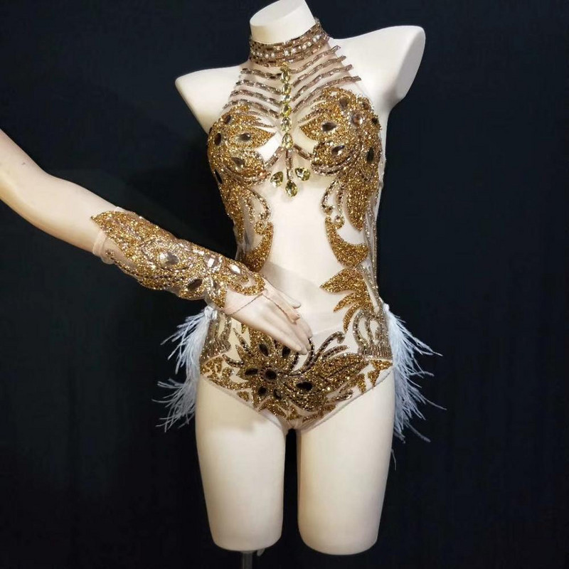 Sexy See Through Rhinestone Dans latino Bodysuits Backless Feather Pole Dance Bodysuits Nightclub Celebrare DJ Costume de scena