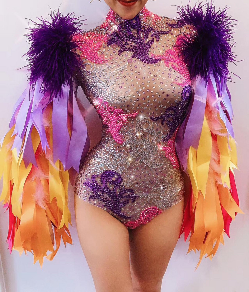 Christia Bella Pene multicolore Costume de scena Femei Club de noapte Body cu strasuri Purta dansatoare tinute de performanta