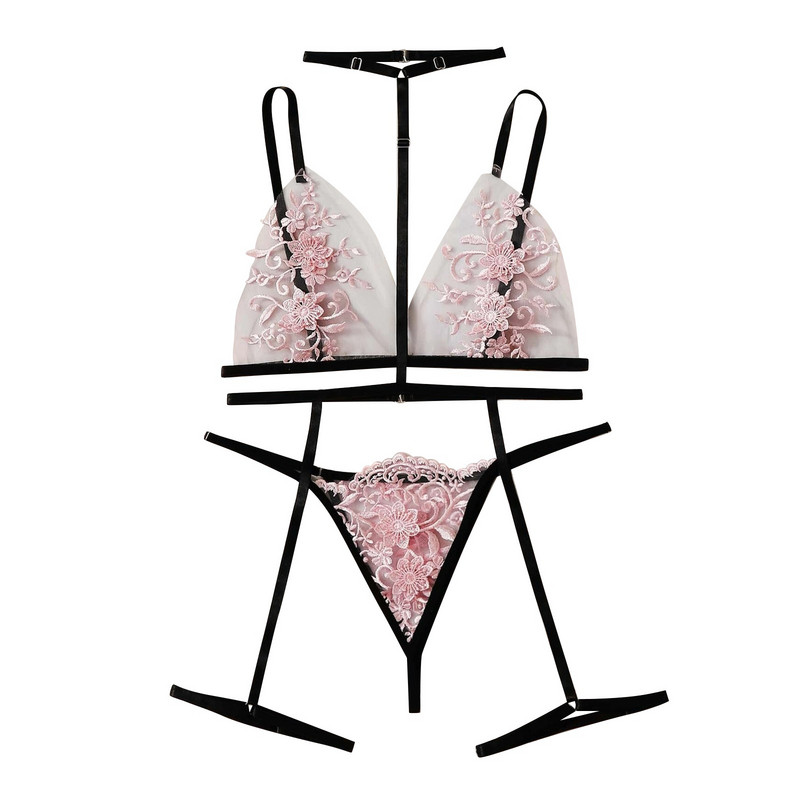 Set de lenjerie de corp de lenjerie de lenjerie de lenjerie de lenjerie sexy cu flori roz brodate Set de lenjerie de corp pentru gât Sutien cu tanga Costum pentru dama Set de lenjerie de noapte sexy sous vetement femm