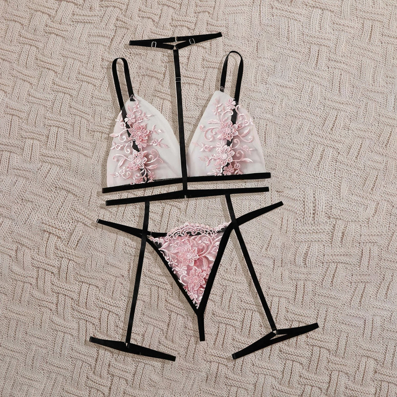 Set de lenjerie de corp de lenjerie de lenjerie de lenjerie de lenjerie sexy cu flori roz brodate Set de lenjerie de corp pentru gât Sutien cu tanga Costum pentru dama Set de lenjerie de noapte sexy sous vetement femm