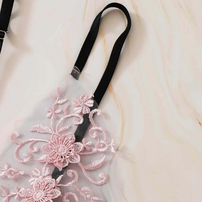 Set de lenjerie de corp de lenjerie de lenjerie de lenjerie de lenjerie sexy cu flori roz brodate Set de lenjerie de corp pentru gât Sutien cu tanga Costum pentru dama Set de lenjerie de noapte sexy sous vetement femm