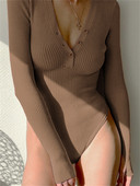 Body din tricot de toamnă pentru femei, culoare solidă, cu mâneci lungi, nasturi, cu decolteu în V, body body, top casual, cămașă de toamnă, top pentru femei