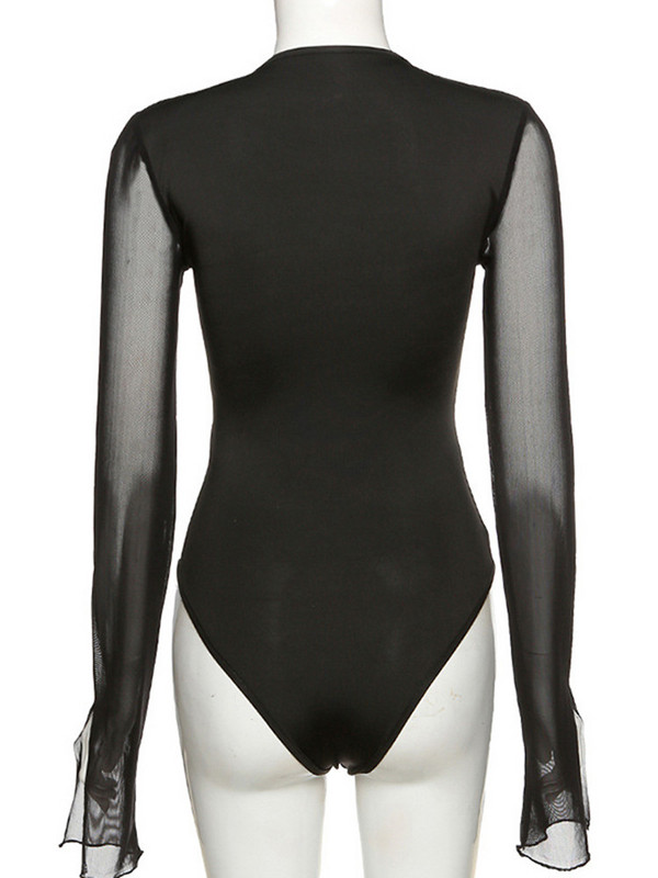 Body cu scobitură neregulată pentru femei, cu mâneci lungi, cu ochiuri de plasă, cu cravată, body body, top, vară, toamnă, club sexy, salopetă pentru femei