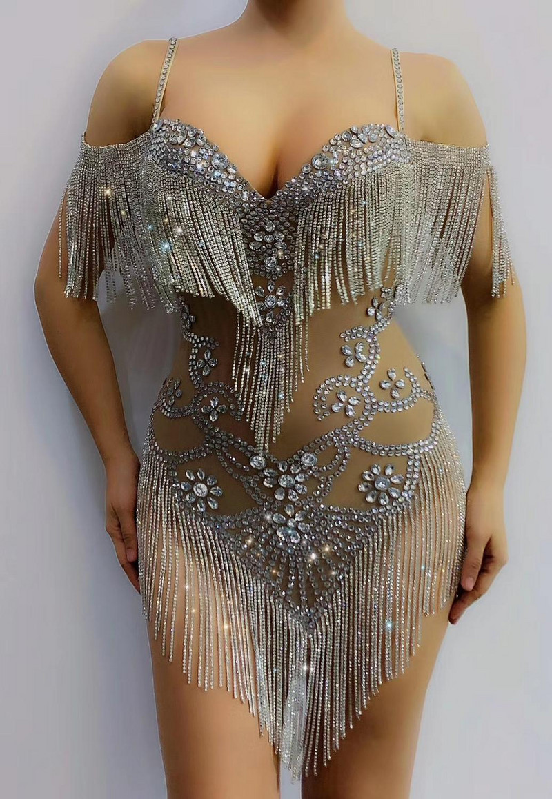 Ασημένια φούντα στρας Γυναικείο κορμάκι με ελαστικό πλέγμα Προοπτική Leotard Club Κρόσσια Latin Dancer Φορμάκι Stage Outfits