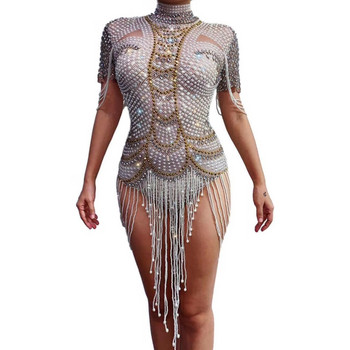 Винтидж перли парти бодита с кристали Разтегливи ресни Кристално трико Дамски сценичен танцов костюм Дрехи за представление на момиче