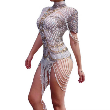 Винтидж перли парти бодита с кристали Разтегливи ресни Кристално трико Дамски сценичен танцов костюм Дрехи за представление на момиче