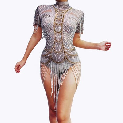 Body de petrecere cu perle de epocă cu strasuri, cu franjuri elastice, tricou de cristal pentru femei, costum de dans pe scenă, haine de performanță pentru showgirl