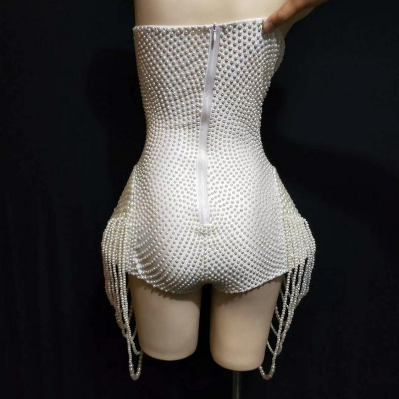 Elegantne valgete pärlitega peokombineer, naiste seksikas võrgust päitsed narmad balli bodi DJ laulja mängudressid tantsulava rõivad