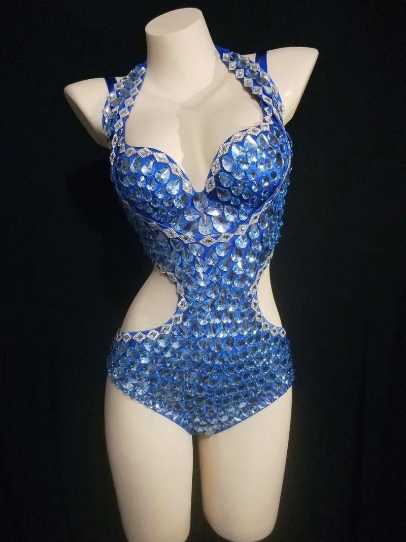 Särav sinine Rhinestone rinnahoidja + body, naiste seksikas Crystal Stage rõivakomplektid ööklubi peokostüümid poletantsu etendused