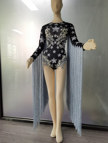 Дизайнерско модно боди с перлени кристали и дълги пискюли, дамско боди с разтегливи кристални ресни, парти гащеризон, сценични костюми на певица