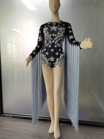 Σχεδιαστής μόδας Rhinestone Pearl Long Tassel Dancer Bodysuit Γυναικεία φόρμα Stretch Κρυστάλλινα Κρόσσια Σαλόνι πάρτι Singer Stage Κοστούμια