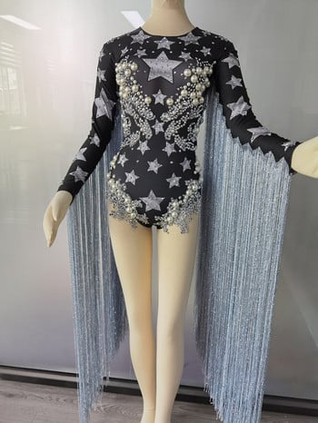 Σχεδιαστής μόδας Rhinestone Pearl Long Tassel Dancer Bodysuit Γυναικεία φόρμα Stretch Κρυστάλλινα Κρόσσια Σαλόνι πάρτι Singer Stage Κοστούμια