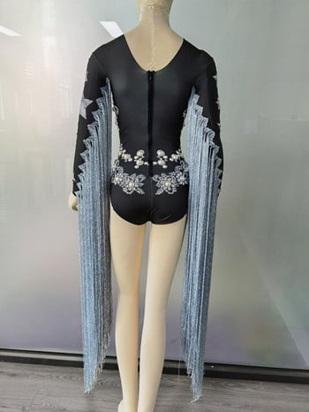 Σχεδιαστής μόδας Rhinestone Pearl Long Tassel Dancer Bodysuit Γυναικεία φόρμα Stretch Κρυστάλλινα Κρόσσια Σαλόνι πάρτι Singer Stage Κοστούμια