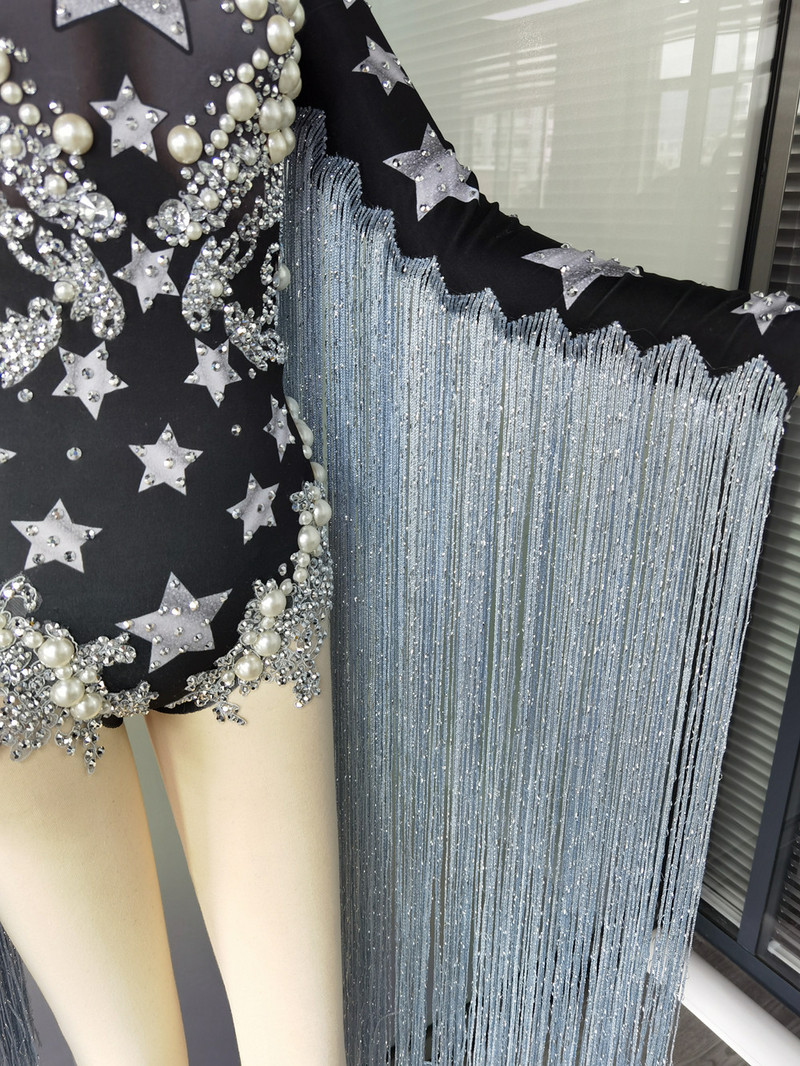 Designer de moda strasuri perle lungi ciucuri dansatoare body femei stretch franjuri cristal salopeta petrecere cântăreață costume de scenă