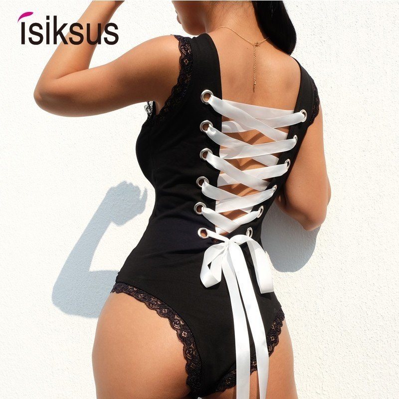 Isiksus Body cu tanga sexy de vară neagră pentru femei, fără mâneci, fără spate, cu dantelă, 2019, cu patchwork, cu crotch deschis, pentru femei JS028