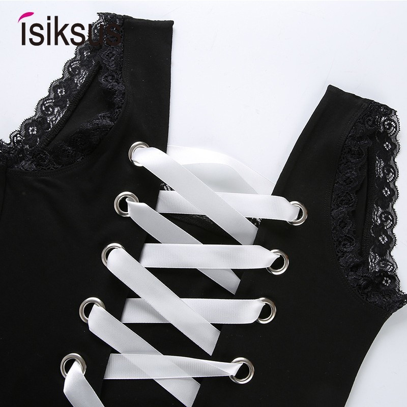 Isiksus Body cu tanga sexy de vară neagră pentru femei, fără mâneci, fără spate, cu dantelă, 2019, cu patchwork, cu crotch deschis, pentru femei JS028