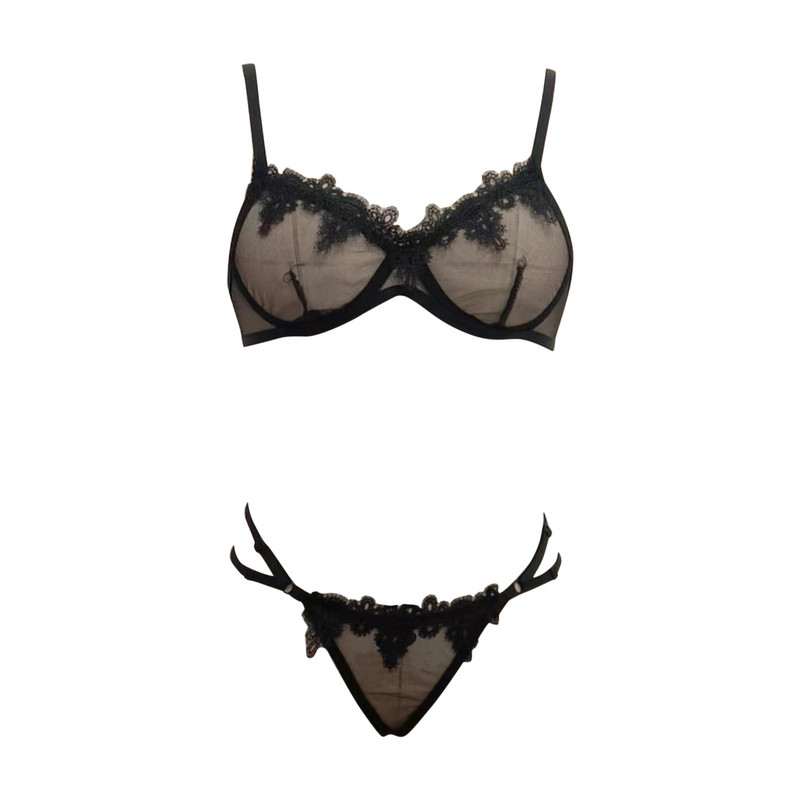 Σετ γυναικεία εσώρουχα δύο τεμαχίων παπιγιόν Διαφανές διχτυωτό δαντέλα δαχτυλίδι σουτιέν Στριγκάκια κάτω από σύρμα Εσώρουχα Ερωτικά οικεία