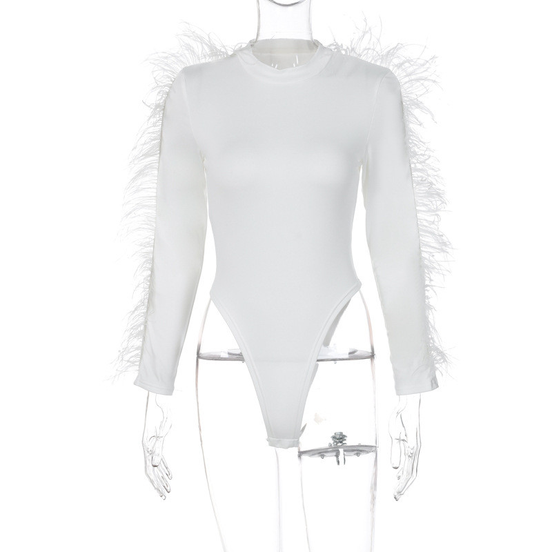 BKLD naiste rõivad, sügis 2022, uus mood, seksikas, õhuke, ümara kaelusega pikkade varrukatega ülaosa, karvase servaga lapiline must, ühes tükis bodid