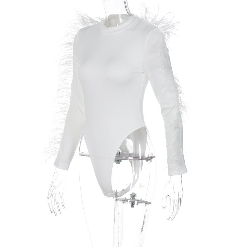 BKLD naiste rõivad, sügis 2022, uus mood, seksikas, õhuke, ümara kaelusega pikkade varrukatega ülaosa, karvase servaga lapiline must, ühes tükis bodid