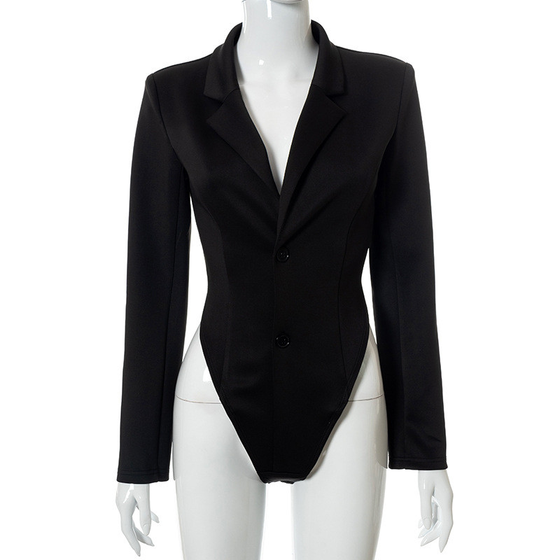 Tinuta de festival BKLD, toamna 2021, noua culoare solida, guler răsturnat, cu decolteu în V, cu nasturi, cu mânecă lungă, o bucată, body negru pentru femei