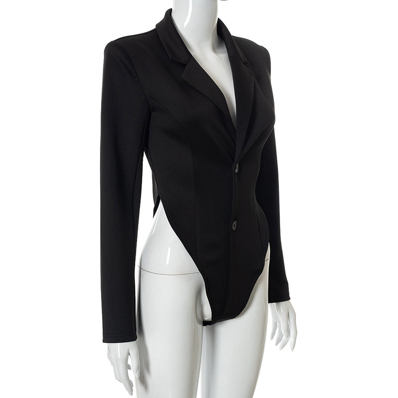 Tinuta de festival BKLD, toamna 2021, noua culoare solida, guler răsturnat, cu decolteu în V, cu nasturi, cu mânecă lungă, o bucată, body negru pentru femei