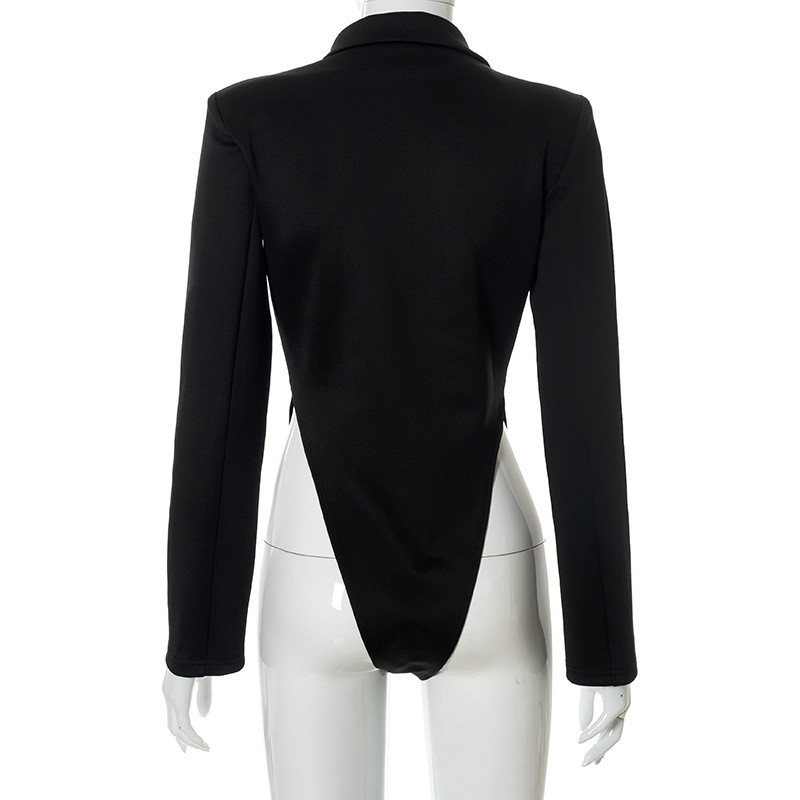 Tinuta de festival BKLD, toamna 2021, noua culoare solida, guler răsturnat, cu decolteu în V, cu nasturi, cu mânecă lungă, o bucată, body negru pentru femei