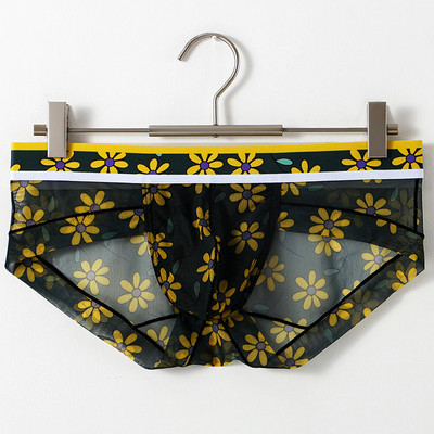 Νέο ανδρικό σλιπ με φλοράλ στάμπα με λεπτό διχτυωτό σλιπ αναπνέον U κυρτή τσάντα Σχέδιο φουσκωτό πουγκ Σλιπ Μικρά φρέσκα εσώρουχα Σέξι εσώρουχα