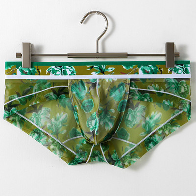 Νέο ανδρικό σλιπ με φλοράλ στάμπα με λεπτό διχτυωτό σλιπ αναπνέον U κυρτή τσάντα Σχέδιο φουσκωτό πουγκ Σλιπ Μικρά φρέσκα εσώρουχα Σέξι εσώρουχα