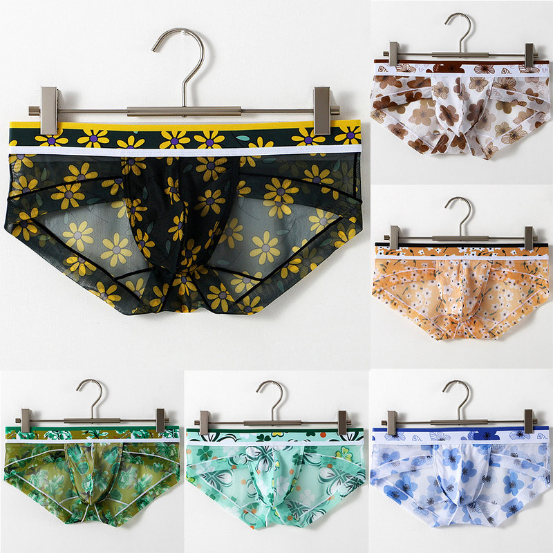 Νέο ανδρικό σλιπ με φλοράλ στάμπα με λεπτό διχτυωτό σλιπ αναπνέον U κυρτή τσάντα Σχέδιο φουσκωτό πουγκ Σλιπ Μικρά φρέσκα εσώρουχα Σέξι εσώρουχα