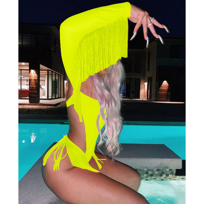 Body BKLD pentru femei, cu mânecă lungă, de culoare solidă, sexy, cu ciucuri de pe umăr, decupat, pe plajă, costum de baie într-o singură bucată, haine neon