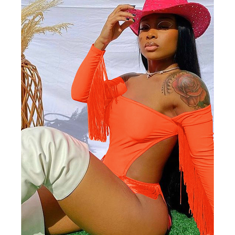 Body BKLD pentru femei, cu mânecă lungă, de culoare solidă, sexy, cu ciucuri de pe umăr, decupat, pe plajă, costum de baie într-o singură bucată, haine neon