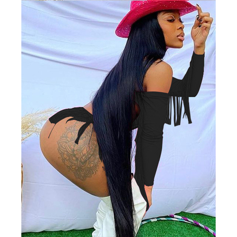 Body BKLD pentru femei, cu mânecă lungă, de culoare solidă, sexy, cu ciucuri de pe umăr, decupat, pe plajă, costum de baie într-o singură bucată, haine neon