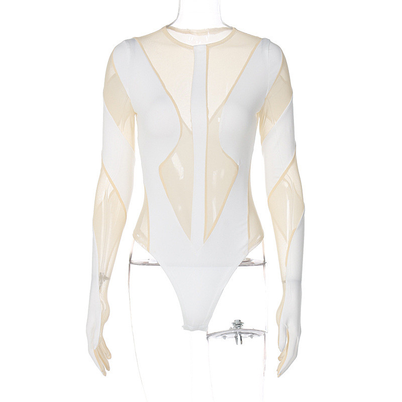 BKLD îmbrăcăminte pentru femei 2022, toamnă și iarnă, modă nouă, sexy, perspectivă din plasă, patchwork, cu mânecă lungă, mănuși dintr-o bucată, body