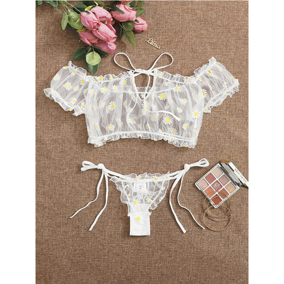 Costum de lenjerie pentru femei, 2 bucăți, sexy, cu imprimeu floral, fără umăr, cu perspectivă din plasă, crop top, cu cravată, tanga, set de lenjerie de corp pentru femei