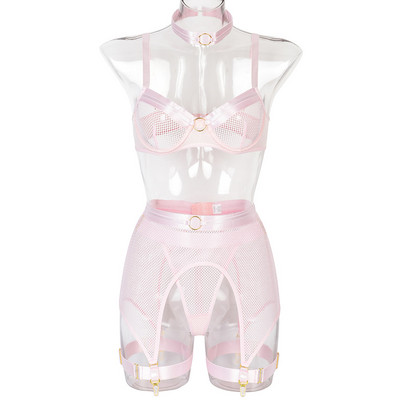 Aduloty New Mesh See-Through Costum de lenjerie intimă sexy pentru femei Sutien cu sârmă cu sârmă Portjartieră Set de chiloți Lenjerie erotică din patru piese