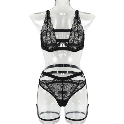 Aduloty Lenjerie erotică pentru femei, dantelă, jartieră, lenjerie sexy, negru, tentație, plasă, perspectivă, sutien subțire pentru femei, set din două piese