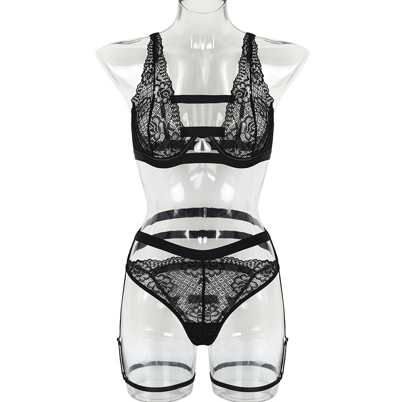 Aduloty Lenjerie erotică pentru femei, dantelă, jartieră, lenjerie sexy, negru, tentație, plasă, perspectivă, sutien subțire pentru femei, set din două piese