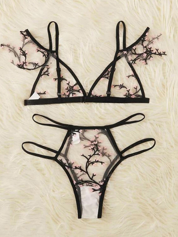 Σέξι γυναικείο σετ εσωρούχων Floral Ebroidery Σετ εσωρούχων με διάφανο πλέγμα χωρίς σουτιέν Σετ σουτιέν από δαντέλα Bralette εξώπλατο