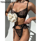 Yimunancy ziedu izšūšanas erotiskais komplekts sievietēm, trīsdaļīgs, 3 krāsu, grezns, seksīgs apakšveļas komplekts, īss caurspīdīgs prievīšu komplekts
